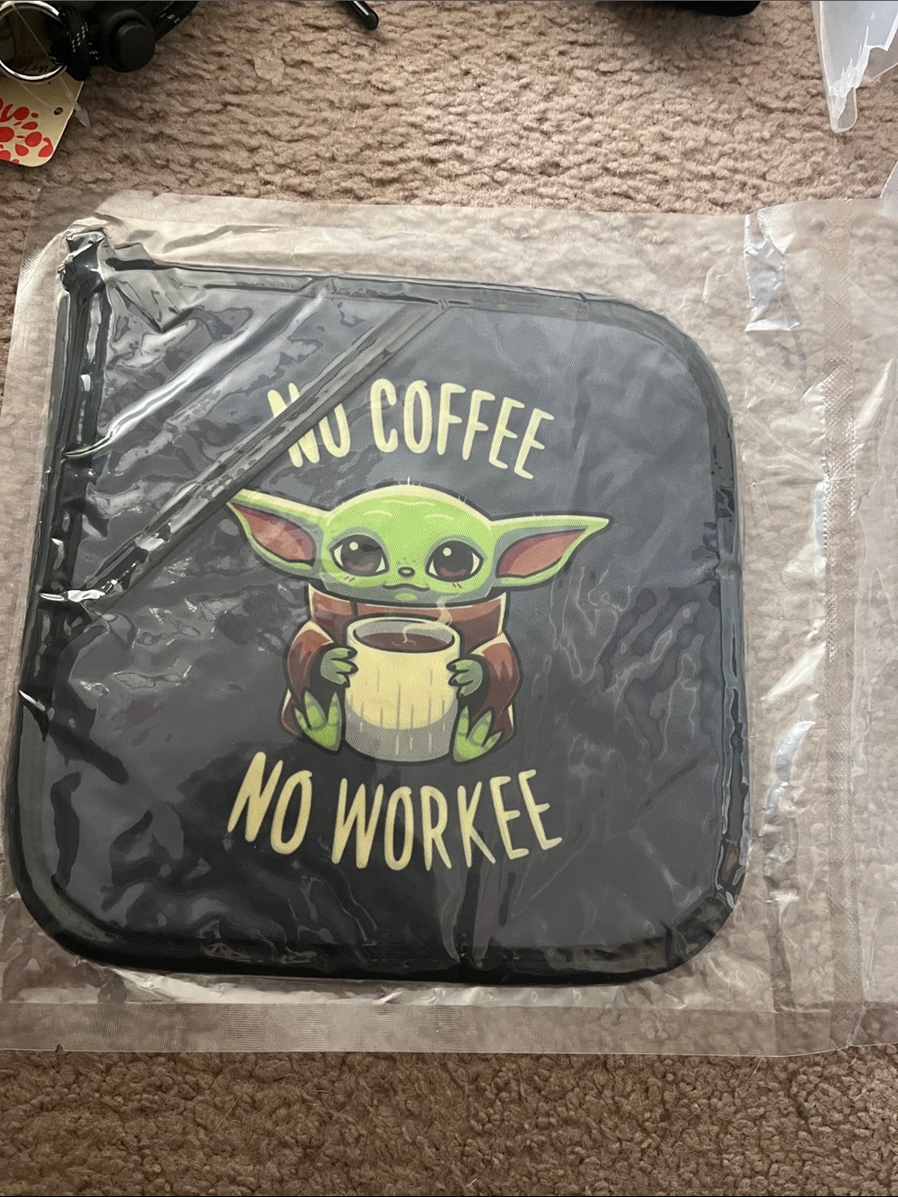 Cute Green Baby Yoda Over Mitt - "No Coffee No Workee"